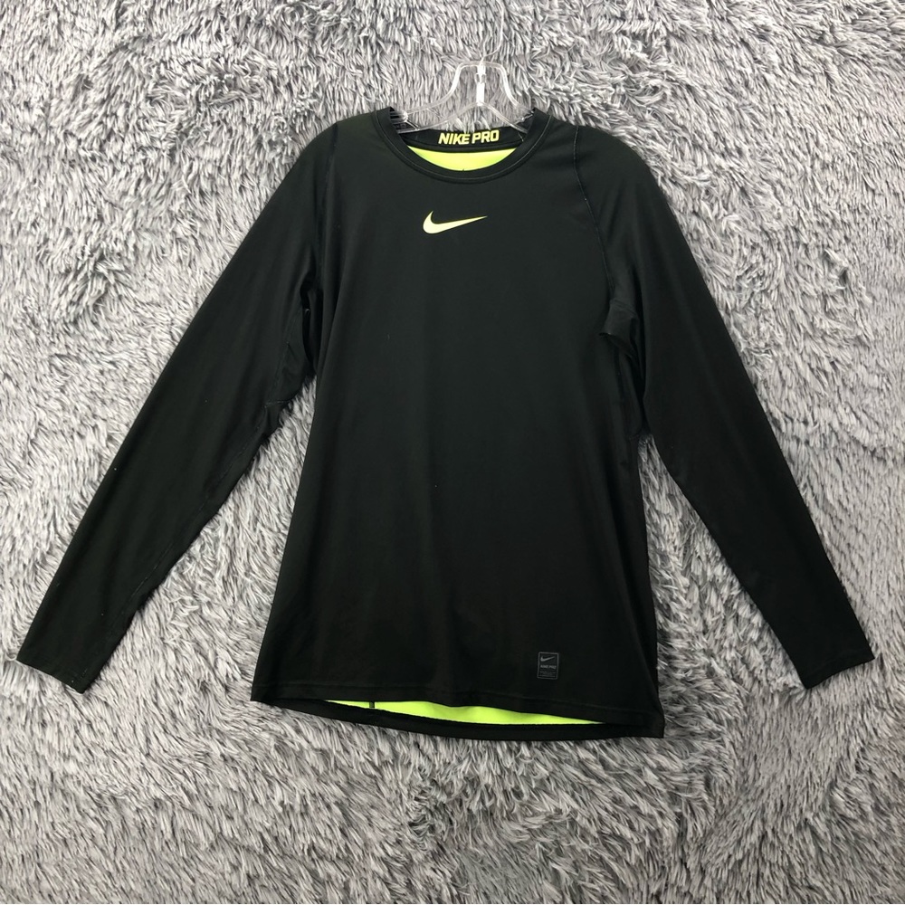 Nike Pro Shirt Mens Medium Dri Fit Fitted Long Sleeve Black Yellow Athletic